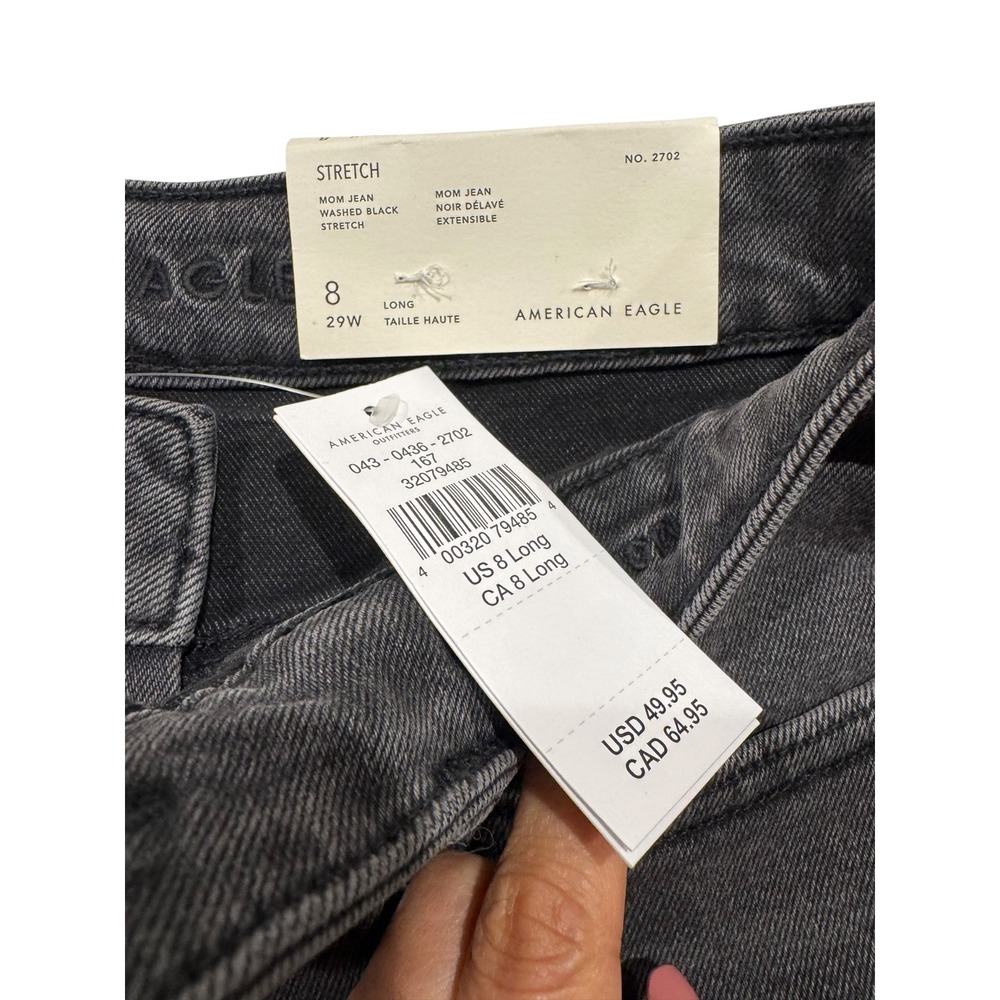 NWT American Eagle Mom Jeans Washed Black Stretch High Rise Denim 8 Long 2702 - Picture 5 of 6
